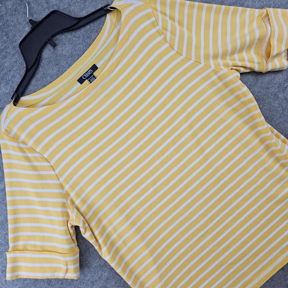Chaps Striped Boatneck Top Women XXL Yellow White Short Sleeve Cuffed Blouse